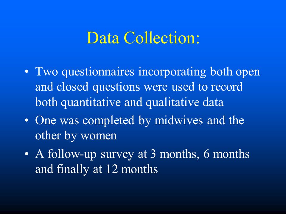 Data Collection: Two questionnaires incorporating both open and closed questions were used to record both quantitative and qualitative data.