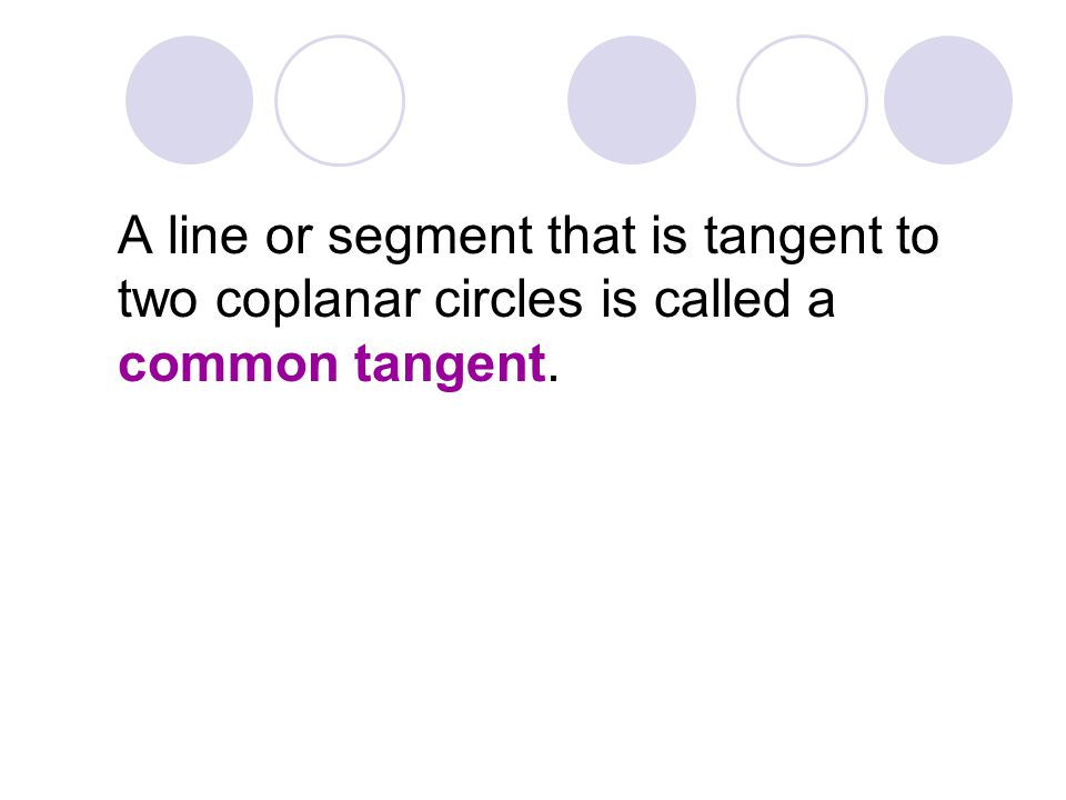 A line or segment that is tangent to two coplanar circles is called a common tangent.
