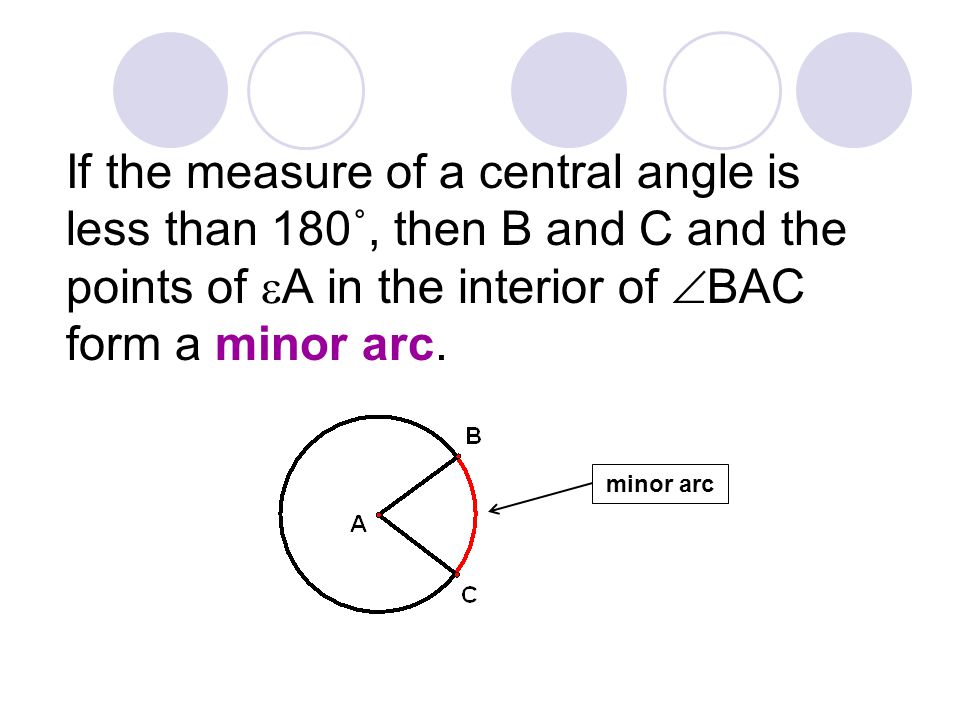 If the measure of a central angle is less than 180˚, then B and C and the points of A in the interior of BAC form a minor arc.