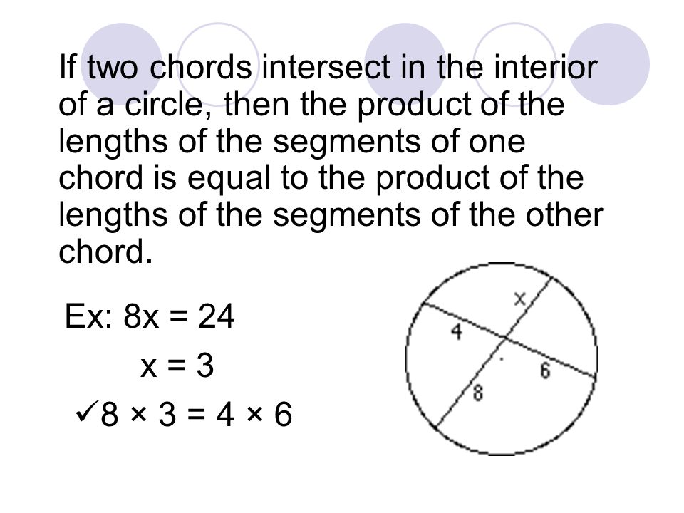 If two chords intersect in the interior of a circle, then the product of the lengths of the segments of one chord is equal to the product of the lengths of the segments of the other chord.