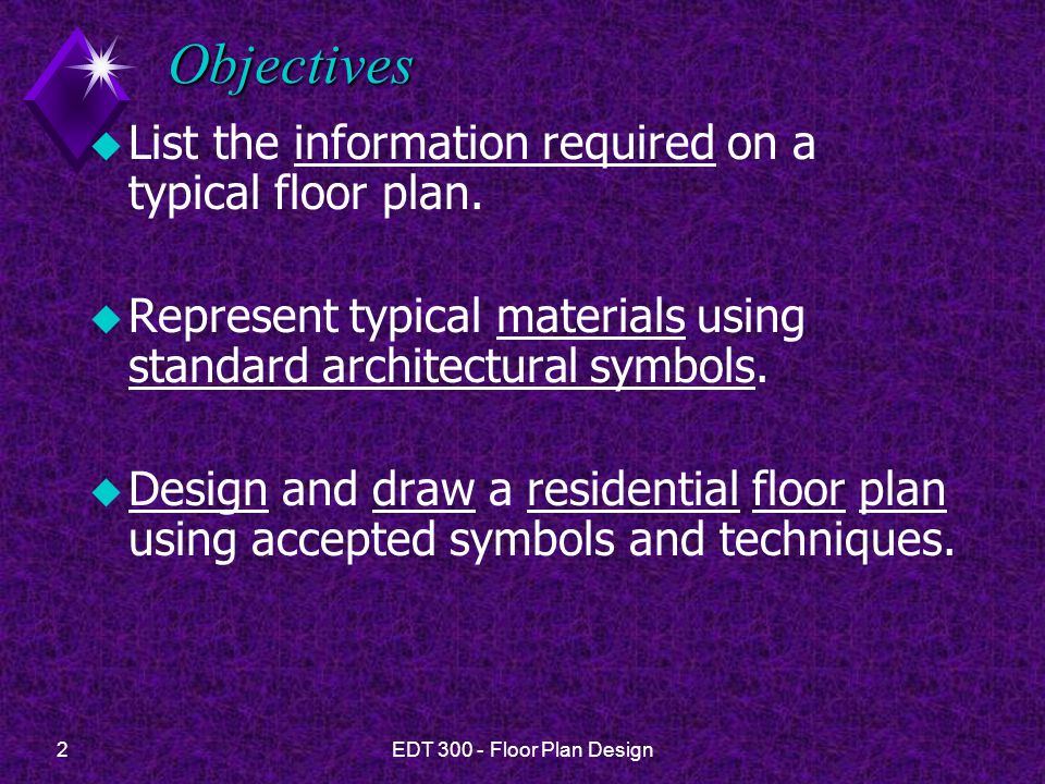 Objectives List the information required on a typical floor plan.