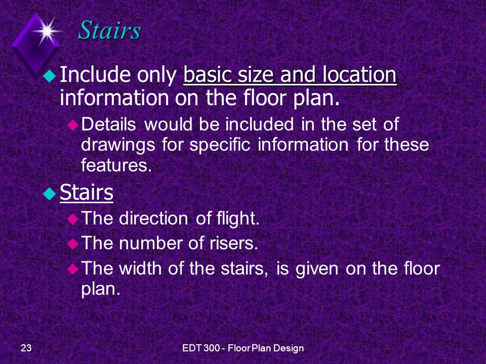 Stairs Include only basic size and location information on the floor plan.