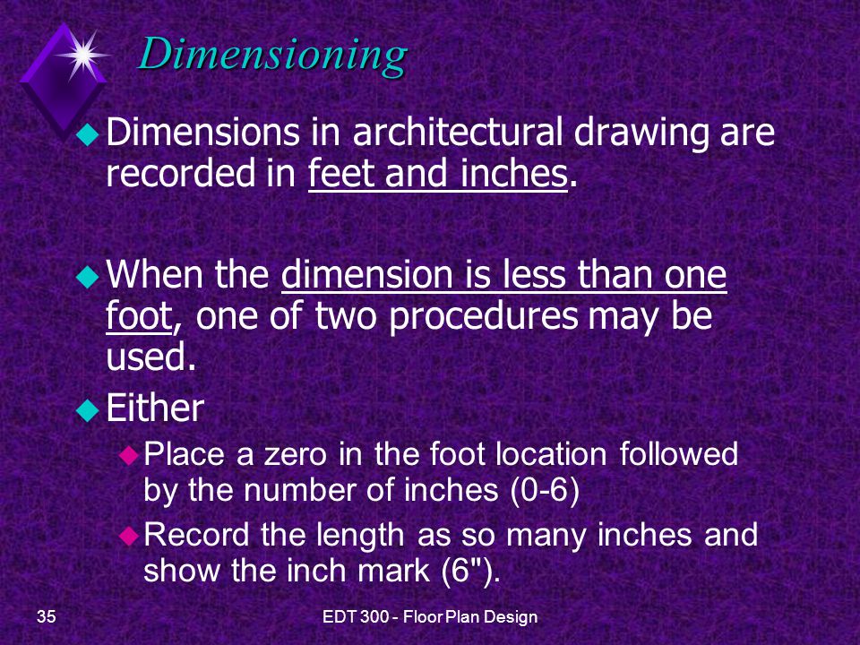 Dimensioning Dimensions in architectural drawing are recorded in feet and inches.