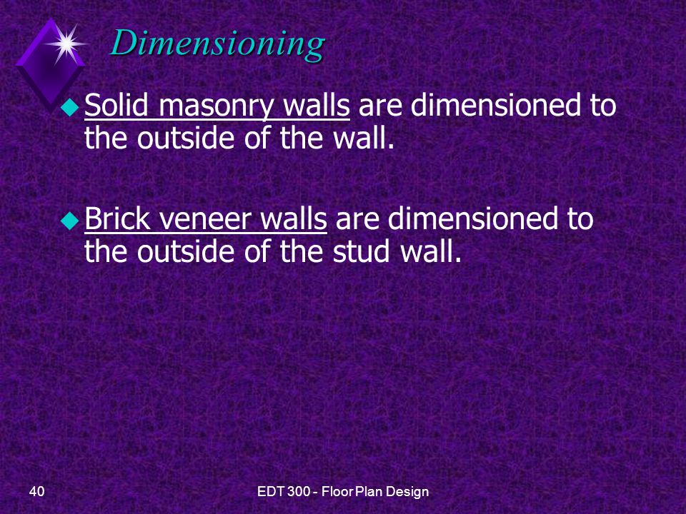 Dimensioning Solid masonry walls are dimensioned to the outside of the wall. Brick veneer walls are dimensioned to the outside of the stud wall.