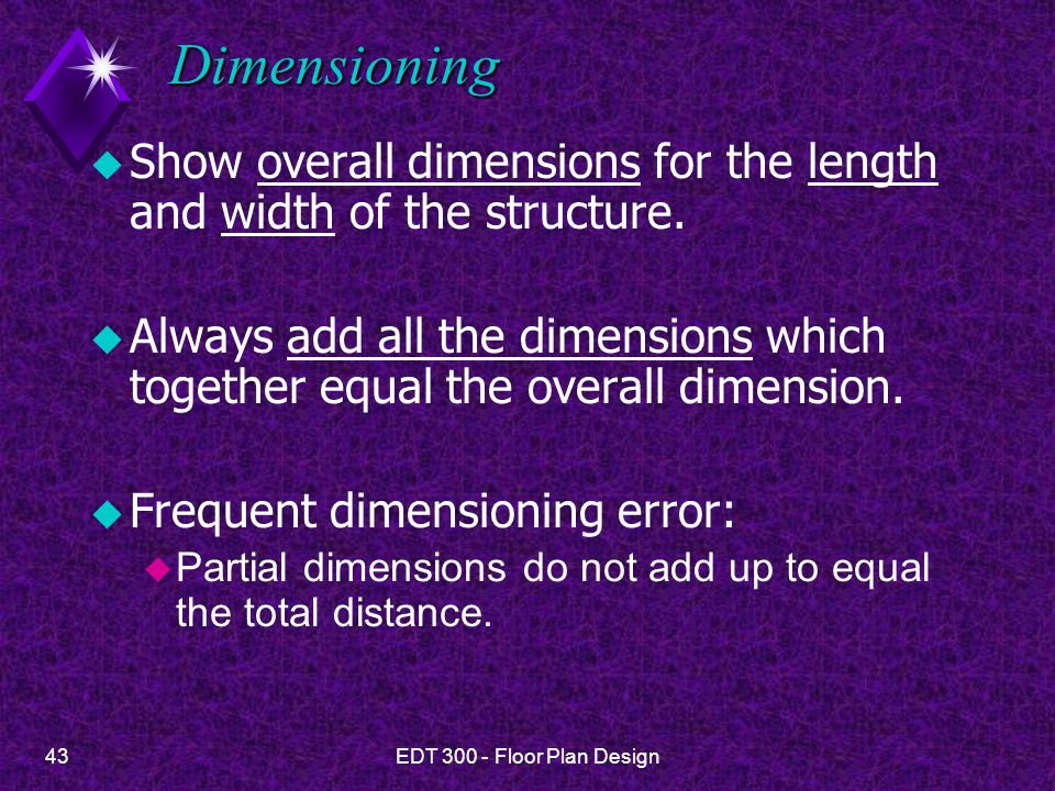 Dimensioning Show overall dimensions for the length and width of the structure.