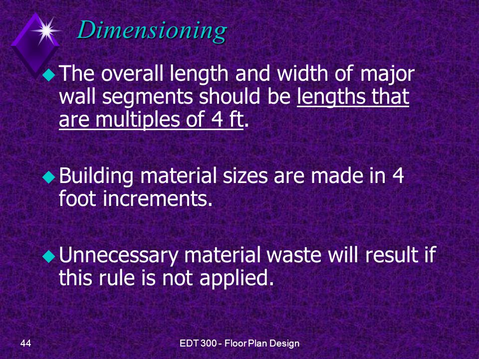 Dimensioning The overall length and width of major wall segments should be lengths that are multiples of 4 ft.
