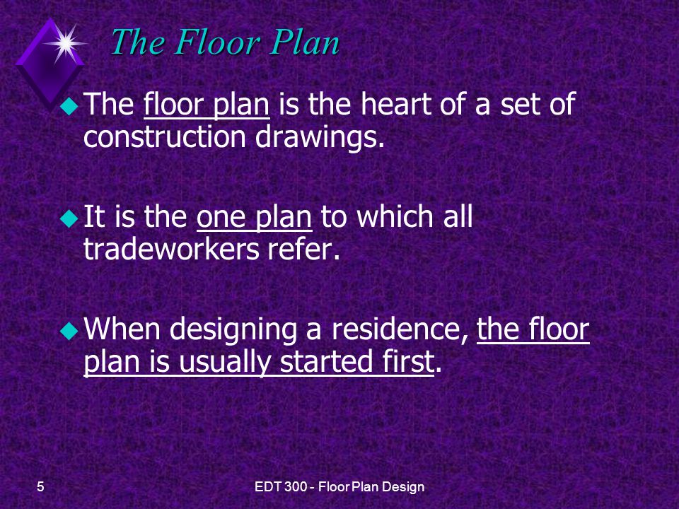 The Floor Plan The floor plan is the heart of a set of construction drawings. It is the one plan to which all tradeworkers refer.