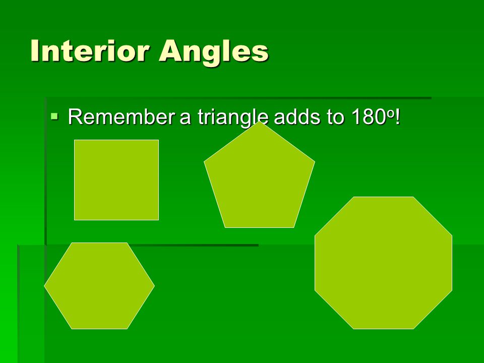 Interior Angles Remember a triangle adds to 180o!