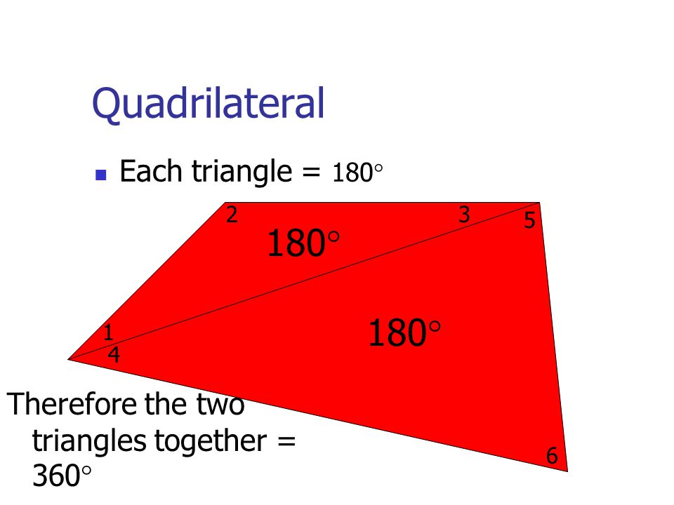 Quadrilateral 180° 180° Each triangle = 180°