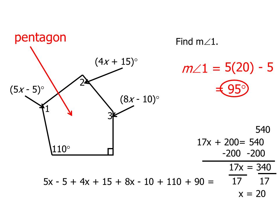 pentagon 5(20) - 5 m1 = = 95 Find m1. (4x + 15) 2 (5x - 5)