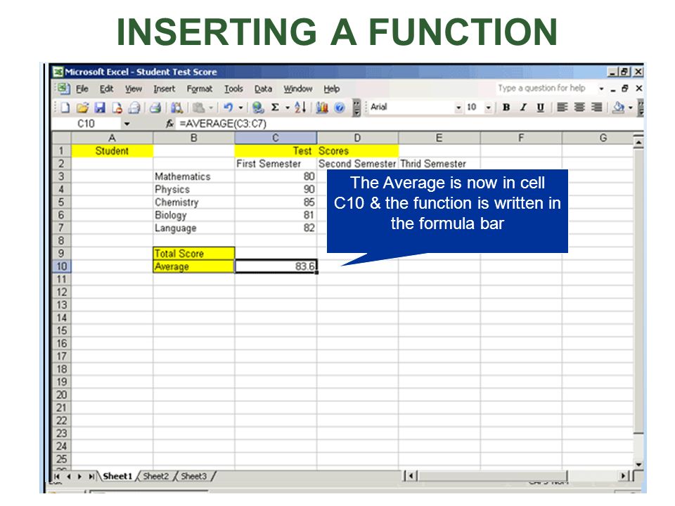 INSERTING A FUNCTION The Average is now in cell C10 & the function is written in the formula bar.