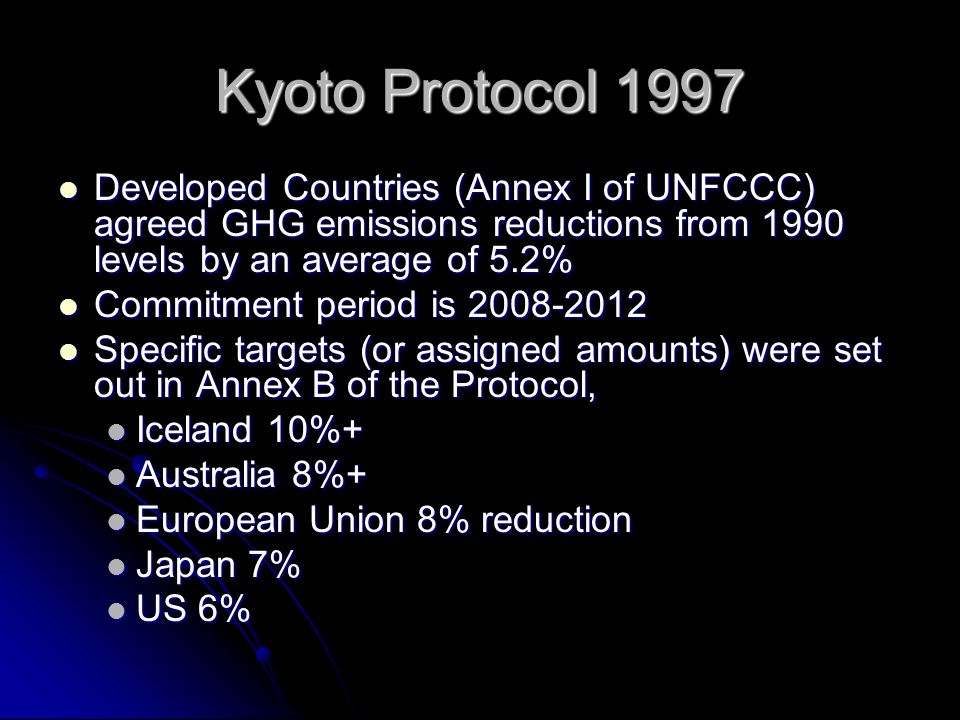Kyoto Protocol 1997 Developed Countries (Annex I of UNFCCC) agreed GHG emissions reductions from 1990 levels by an average of 5.2%
