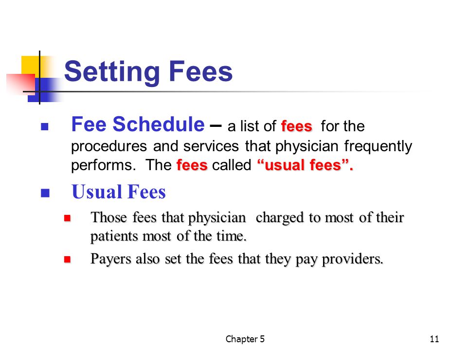 Setting Fees Fee Schedule – a list of fees for the procedures and services that physician frequently performs. The fees called usual fees .