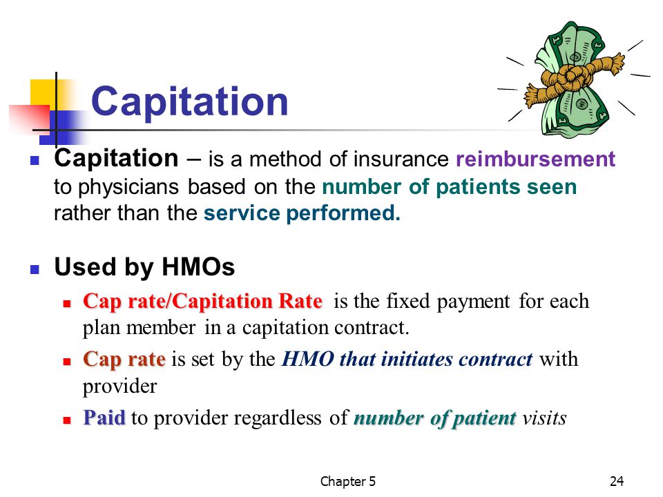 Capitation Capitation – is a method of insurance reimbursement to physicians based on the number of patients seen rather than the service performed.