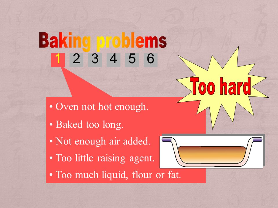 Baking problems Too hard Oven not hot enough.