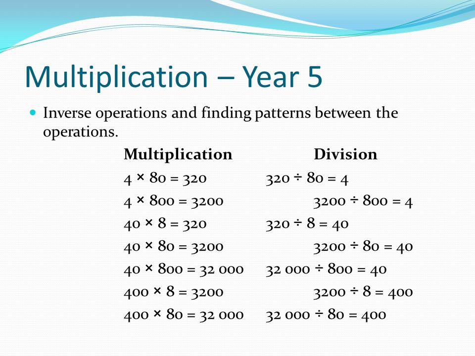 Multiplication – Year 5 Inverse operations and finding patterns between the operations. Multiplication Division.