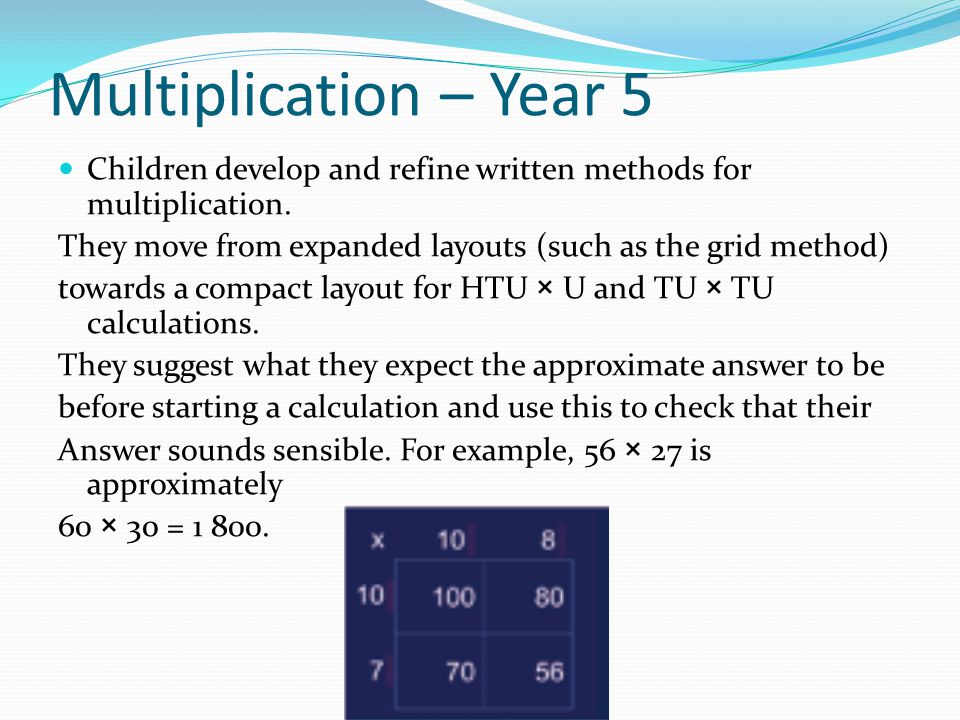 Multiplication – Year 5 Children develop and refine written methods for multiplication. They move from expanded layouts (such as the grid method)