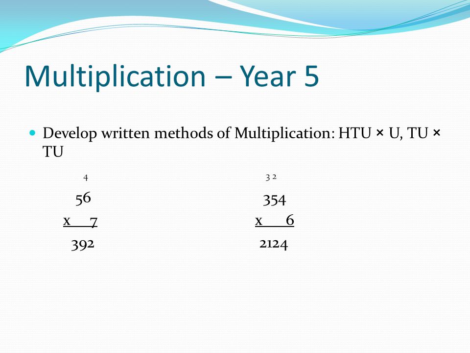 Multiplication – Year 5 Develop written methods of Multiplication: HTU × U, TU × TU