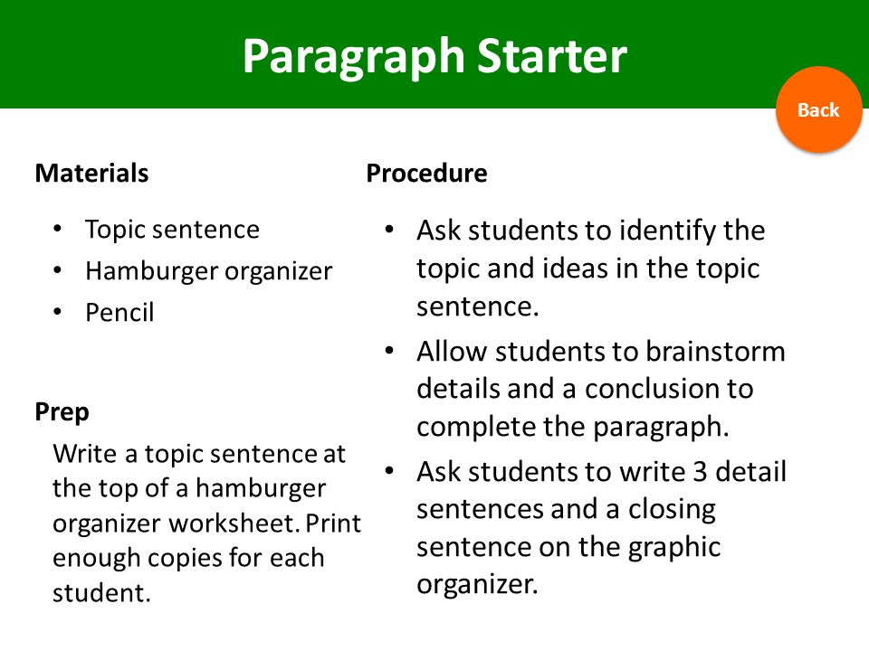 Paragraph Starter Back. Materials. Procedure. Topic sentence. Hamburger organizer. Pencil.