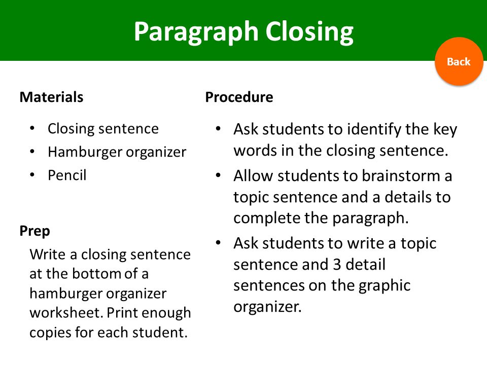 Paragraph Closing Back. Materials. Procedure. Closing sentence. Hamburger organizer. Pencil.
