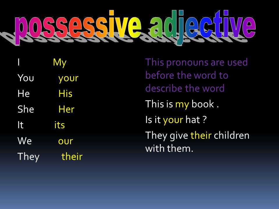 possessive adjective I My You your He His She Her It its We our They their
