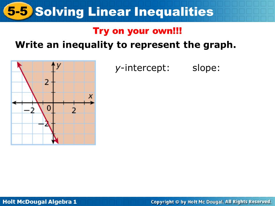 Try on your own!!! Write an inequality to represent the graph. y-intercept: slope: