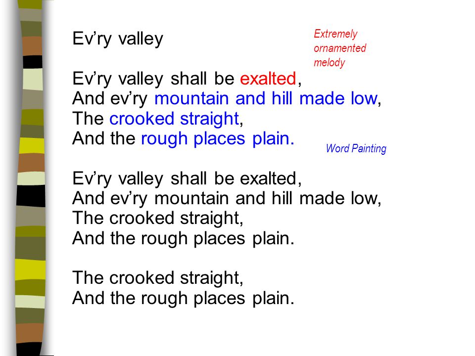 Ev’ry valley shall be exalted, And ev’ry mountain and hill made low,