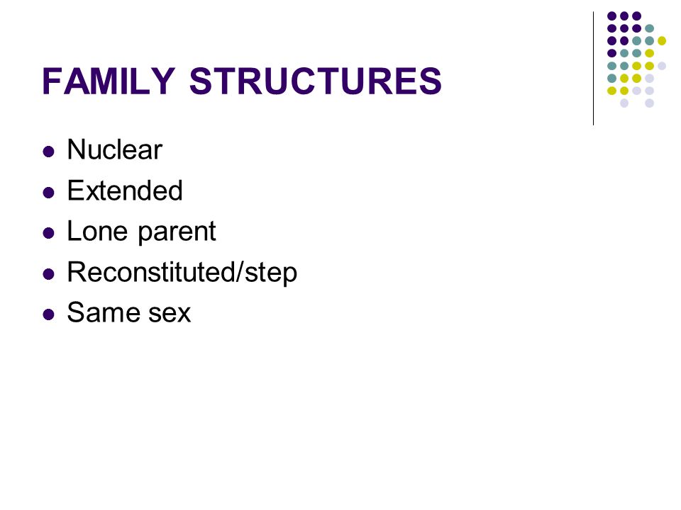 FAMILY STRUCTURES Nuclear Extended Lone parent Reconstituted/step