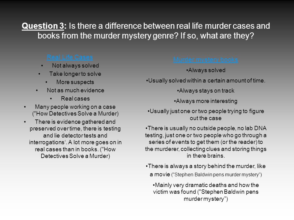 Question 3: Is there a difference between real life murder cases and books from the murder mystery genre If so, what are they