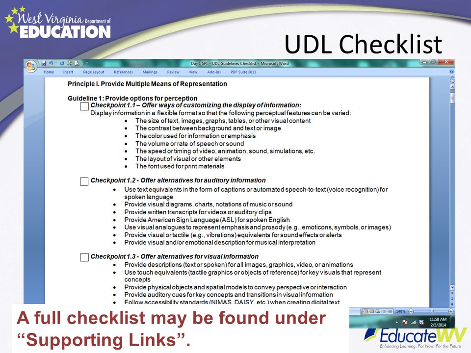UDL Checklist A full checklist may be found under Supporting Links .