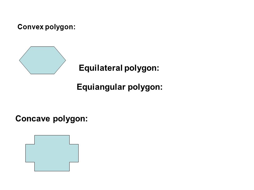 Equilateral polygon: Equiangular polygon: Concave polygon: