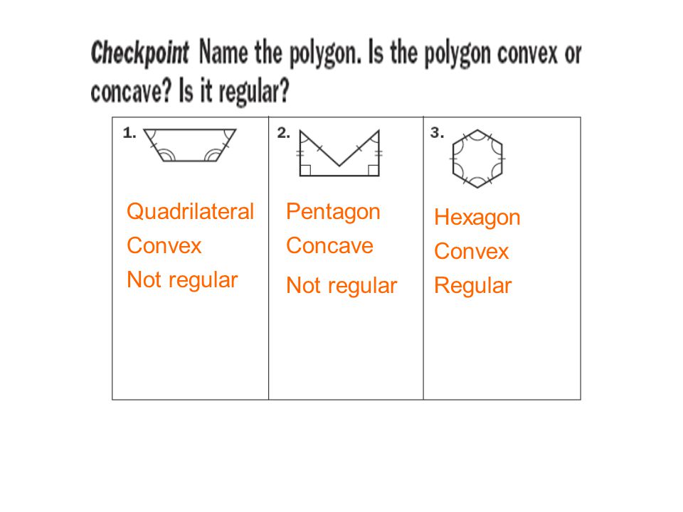 Quadrilateral Pentagon Hexagon Convex Concave Convex Not regular Not regular Regular