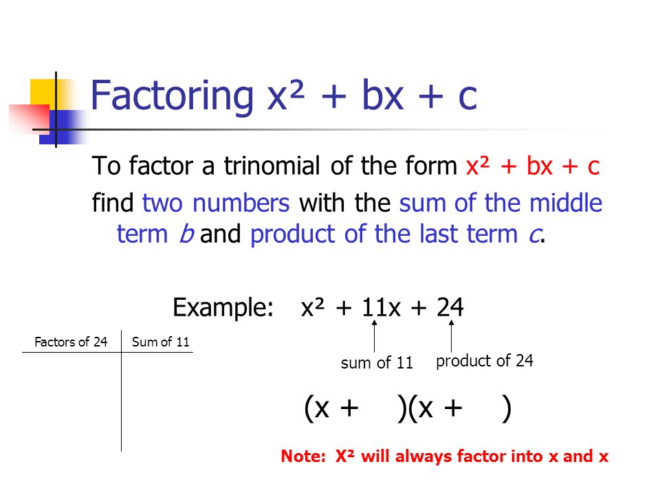 Factoring x² + bx + c (x + )(x + )