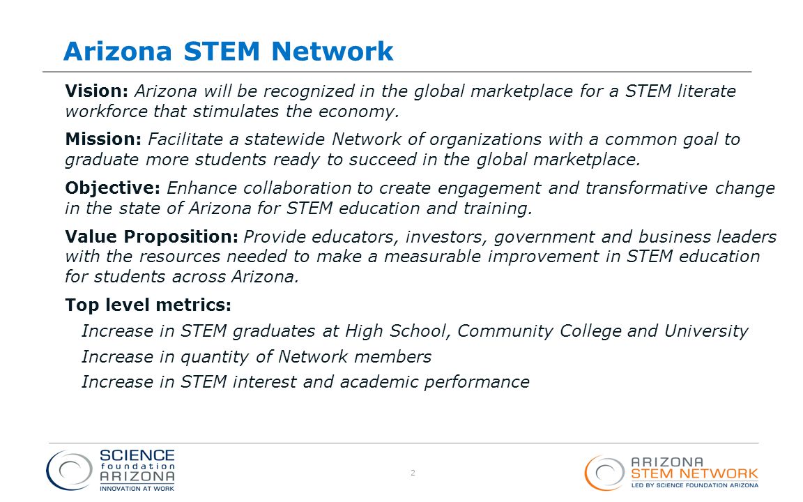 Arizona STEM Network Vision: Arizona will be recognized in the global marketplace for a STEM literate workforce that stimulates the economy.