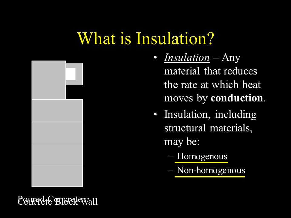 What is Insulation Insulation – Any material that reduces the rate at which heat moves by conduction.
