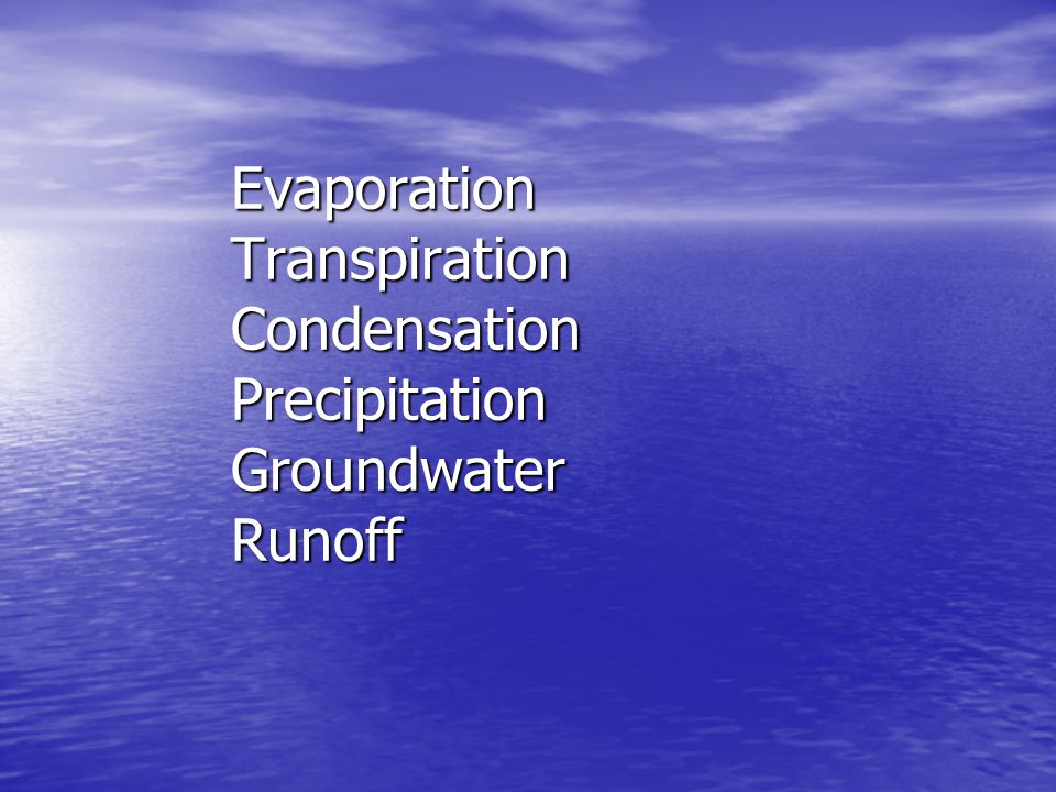 Evaporation Transpiration Condensation Precipitation Groundwater Runoff
