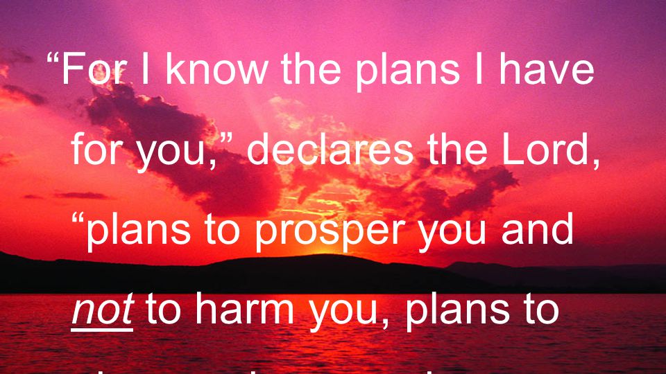 For I know the plans I have for you, declares the Lord, plans to prosper you and not to harm you, plans to give you hope and a future.
