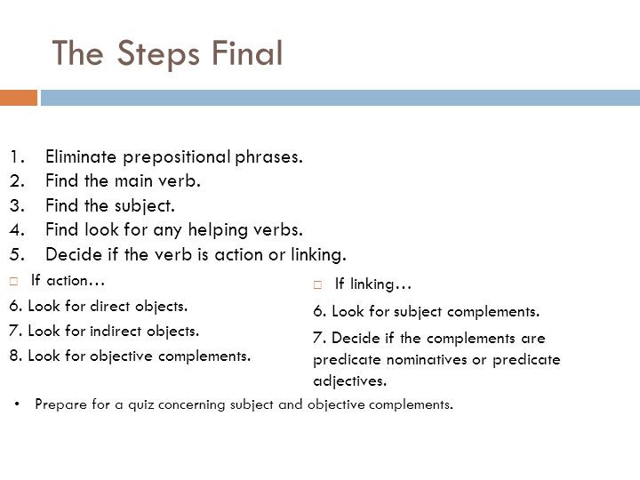 The Steps Final Eliminate prepositional phrases. Find the main verb.