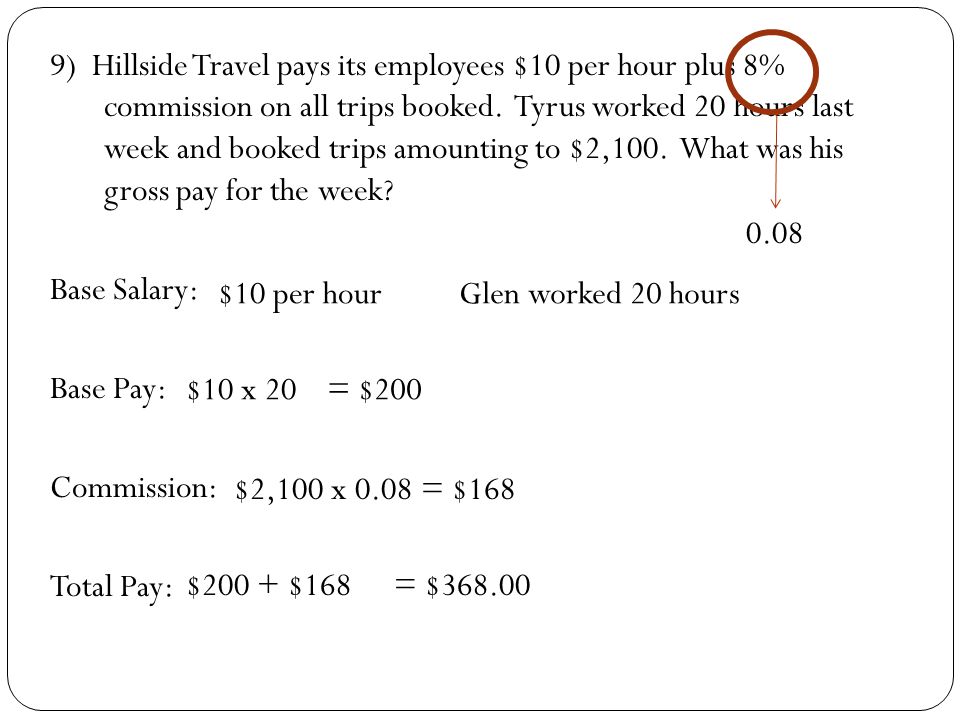 9) Hillside Travel pays its employees $10 per hour plus 8% commission on all trips booked. Tyrus worked 20 hours last week and booked trips amounting to $2,100. What was his gross pay for the week Base Salary: Base Pay: Commission: Total Pay: