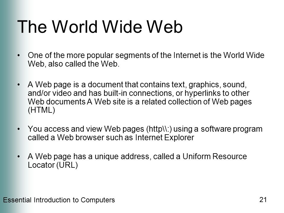 The World Wide Web One of the more popular segments of the Internet is the World Wide Web, also called the Web.