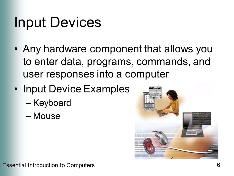 Input Devices Any hardware component that allows you to enter data, programs, commands, and user responses into a computer.