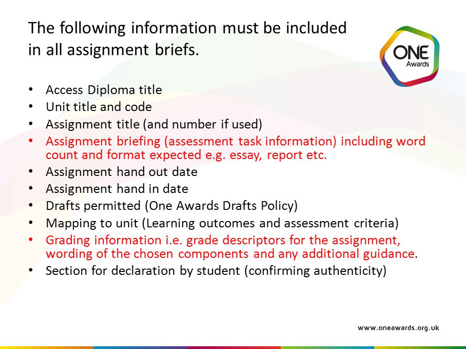 The following information must be included in all assignment briefs.