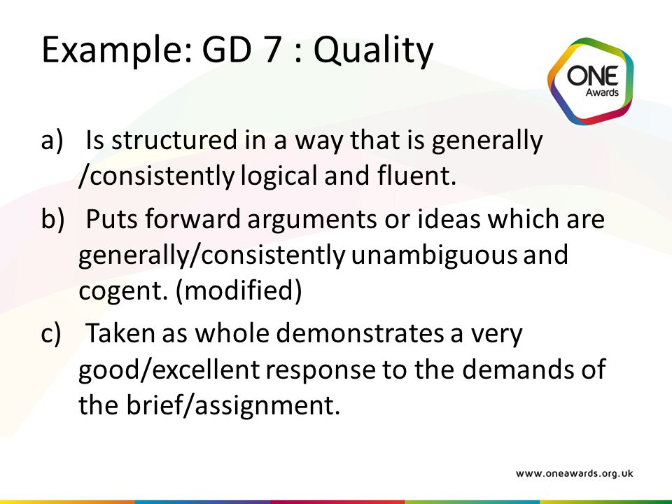 Example: GD 7 : Quality Is structured in a way that is generally /consistently logical and fluent.