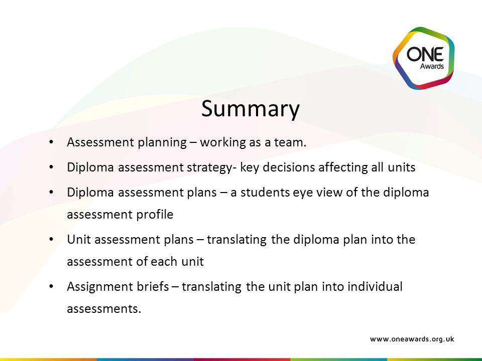 Summary Assessment planning – working as a team.