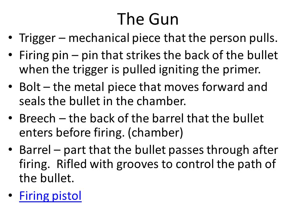 The Gun Trigger – mechanical piece that the person pulls.