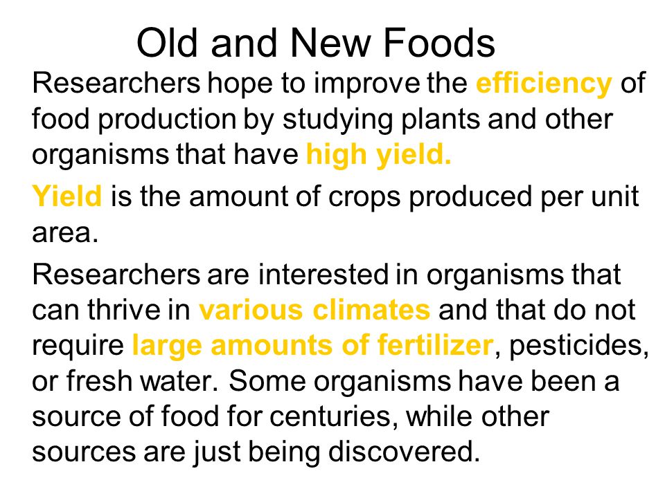 Old and New Foods Researchers hope to improve the efficiency of food production by studying plants and other organisms that have high yield.
