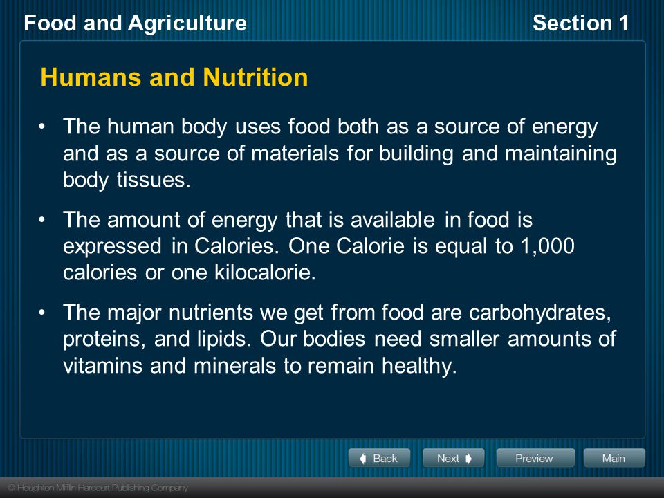 Humans and Nutrition The human body uses food both as a source of energy and as a source of materials for building and maintaining body tissues.