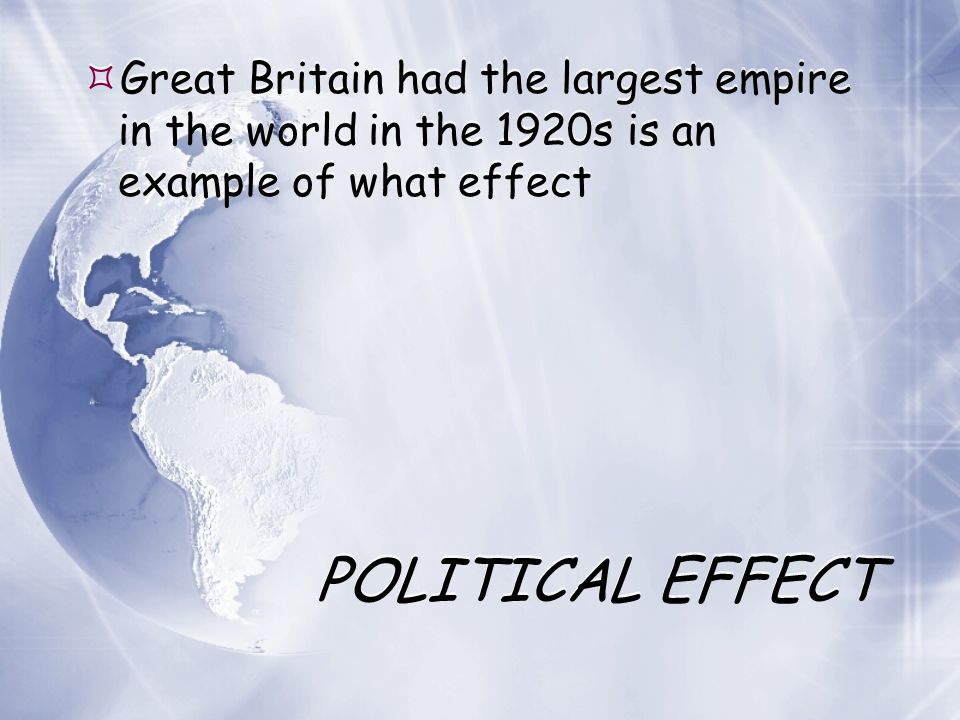 Great Britain had the largest empire in the world in the 1920s is an example of what effect