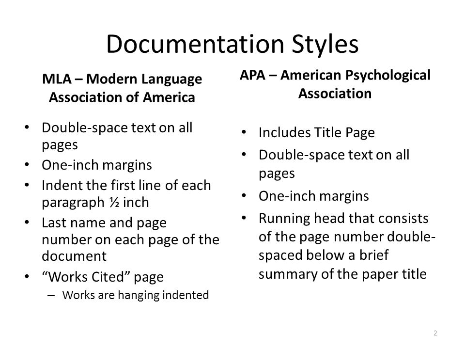 Documentation Styles APA – American Psychological Association