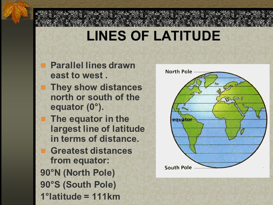 LINES OF LATITUDE Parallel lines drawn east to west .